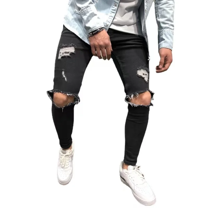 large size fashion men ripped jeans denim trousers destroyed hole pants stretch slim elastic soild color jeans