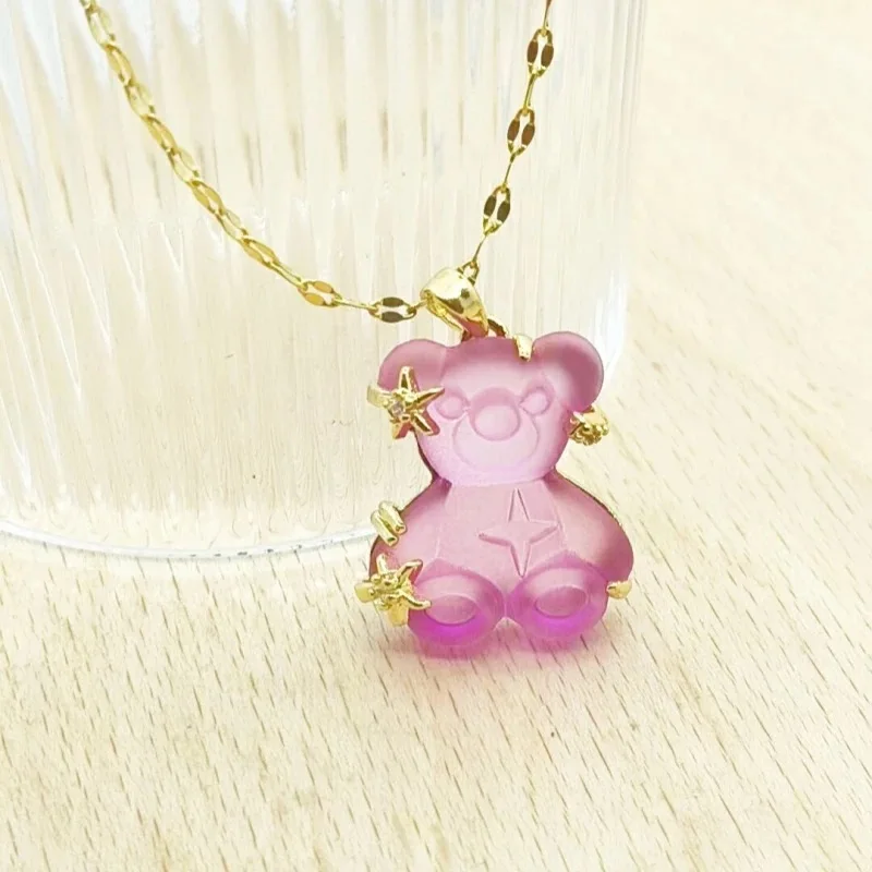 Cute Bear Stainless Steel Gold Plated Resin Waterproof Star Zircon Necklace