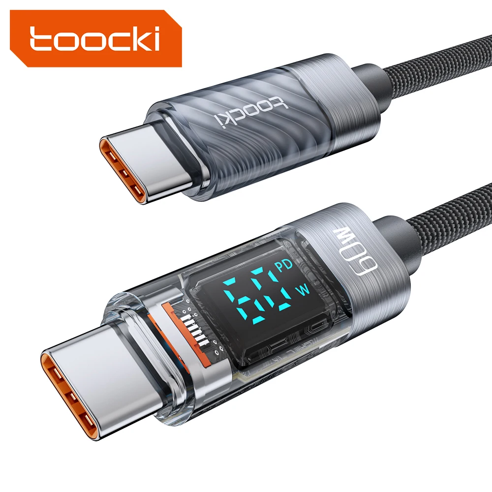 Toocki Type-C To Type-C Super Power Pd 60W 100W Usb Type C Charge Cable 2M Transparent Digital Display Cable For Iphone
