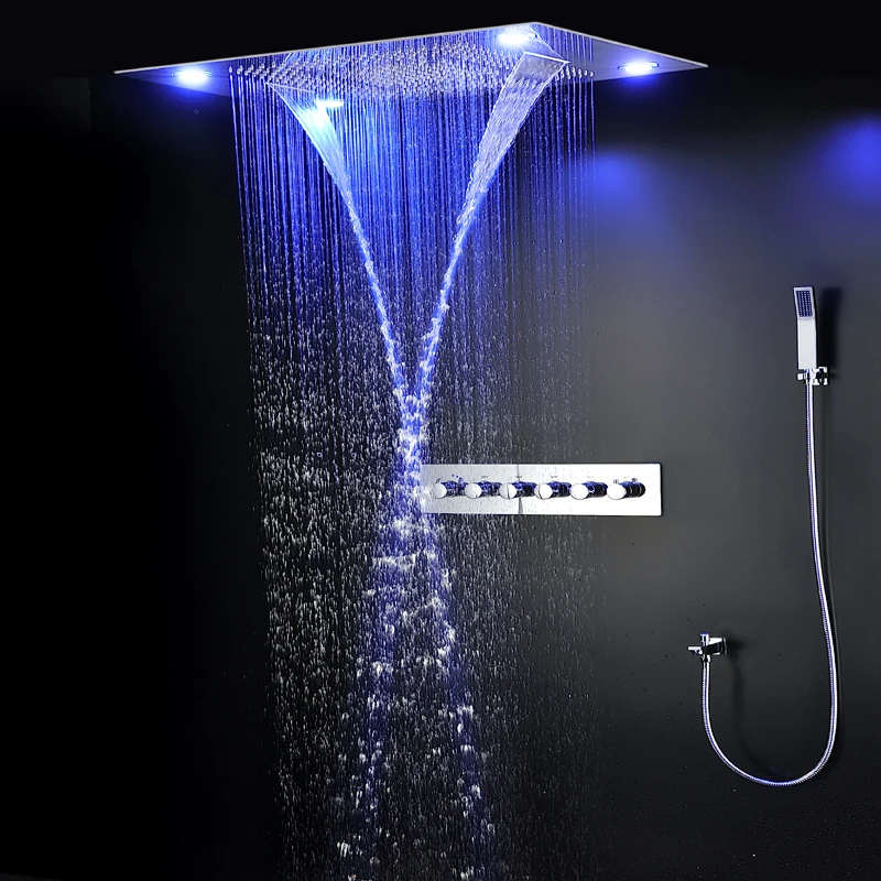 High Quality 24Inch LED Shower Set 5 Function Big Rain Shower Head Thermostatic Mixer Waterfall Mist Ceiling Panel Mirror Faucet