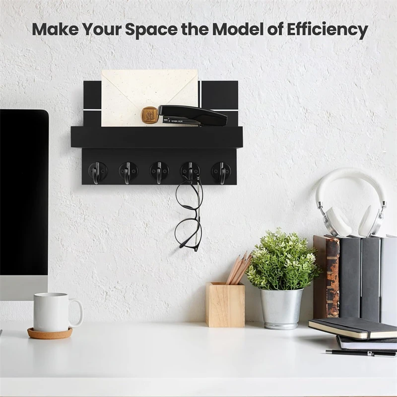 Decorative Wall Shelf with Hooks Holds Key Rings Dog Leash Wallet Purse Real Paulownia Wood Entryway Shelf