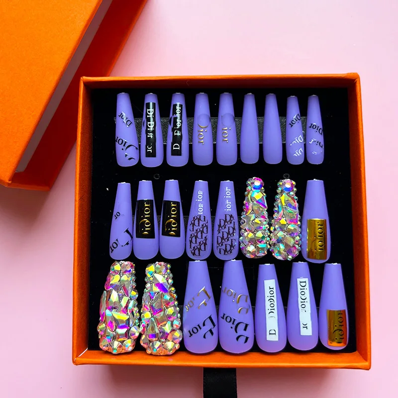 Luxury designer press on nails with rhinestones artificial fingernails french on false nails with stones