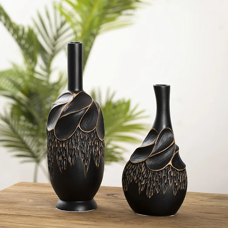 Retro Classic Showroom Furnishings Gold Rim Design Black Resin Creative Vase for Rose