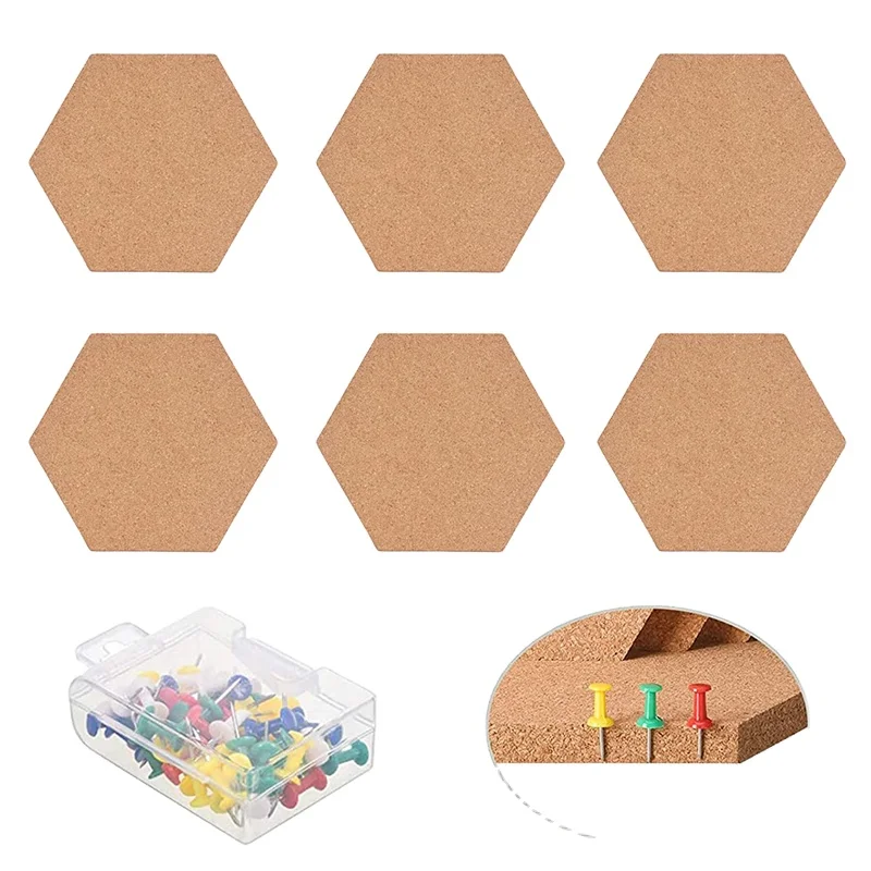 Custom 12 inch Self Adhesive Cork  Memo Boards Pin Bulletin Board Cork Hexagon Wall Board Tiles with  Multi Color Push Pins