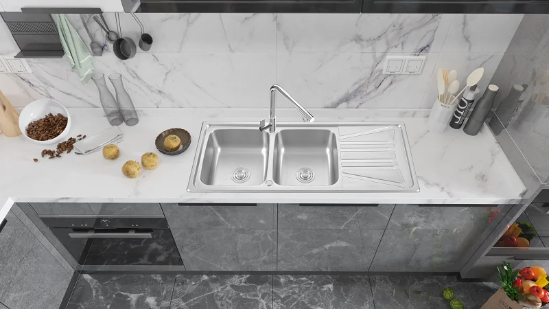 12050 Stainless Steel Kitchen Sink Two-Double Bowl Wash Laundry Board Drainboard Cabinet Counter Installation Brushed Surface