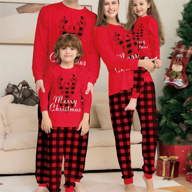 2024 European and American Christmas parents child clothing letter printed plaid casual home clothing new pajamas outfits