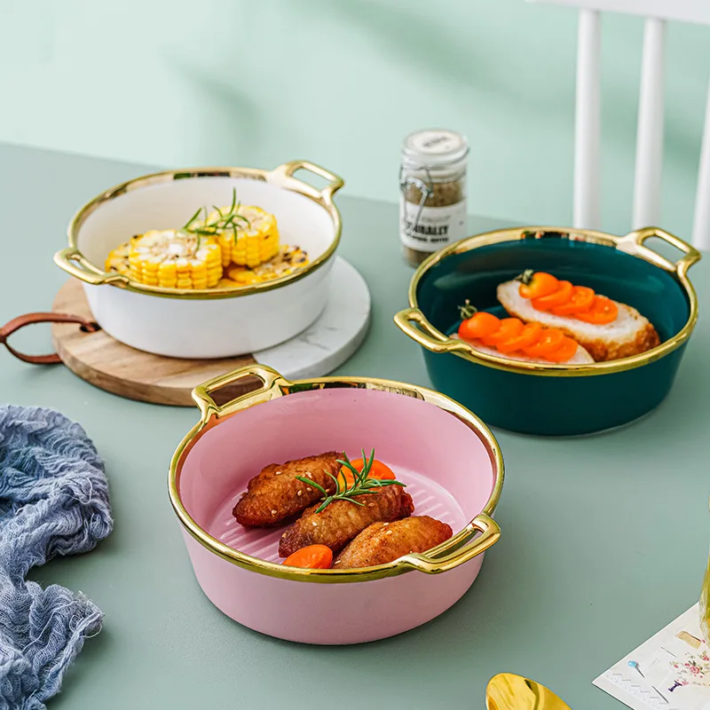 Nordic Luxury Ceramic Double Ear Bowl Modern Design Tableware for Instant Noodles Rice Soup Fruit Salad Big Tureen Plant Pattern