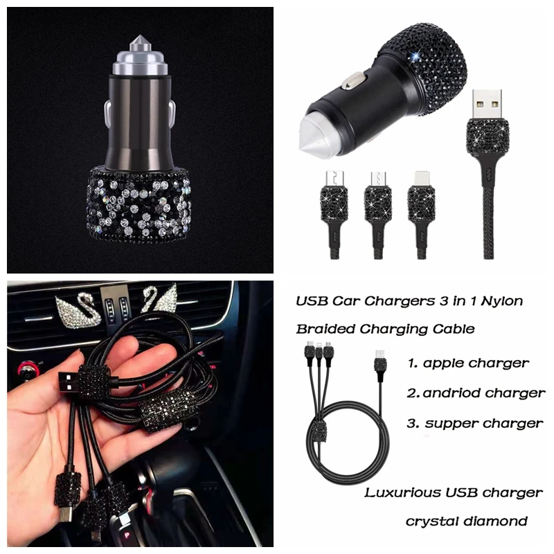 High Quality Crystal Mobile Phone Holder Charger Cable USB Car Cigarette Lighter Quick Charger  3 in 1 Car USB Multi Charger