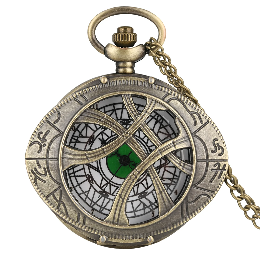 Antique Bronze Necklace Pendant  Green Eye Steampunk Quartz Pocket Watch With Chain For Men Gift Collectibles