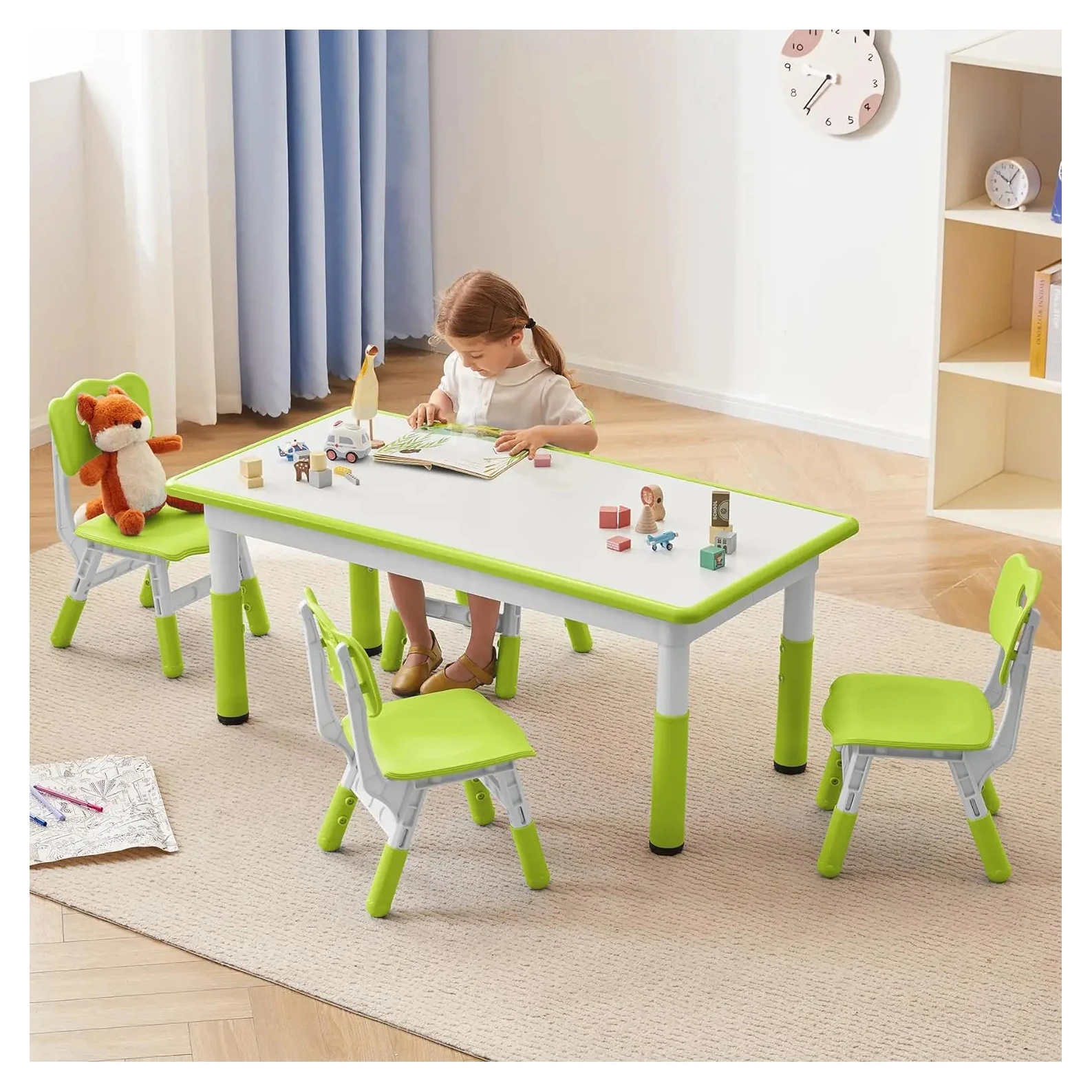 Kids Table and 4 Chairs Set,Height Adjustable Toddler Table and Chair Set,Graffiti Desktop,Classroom/Daycare/Home Study Table