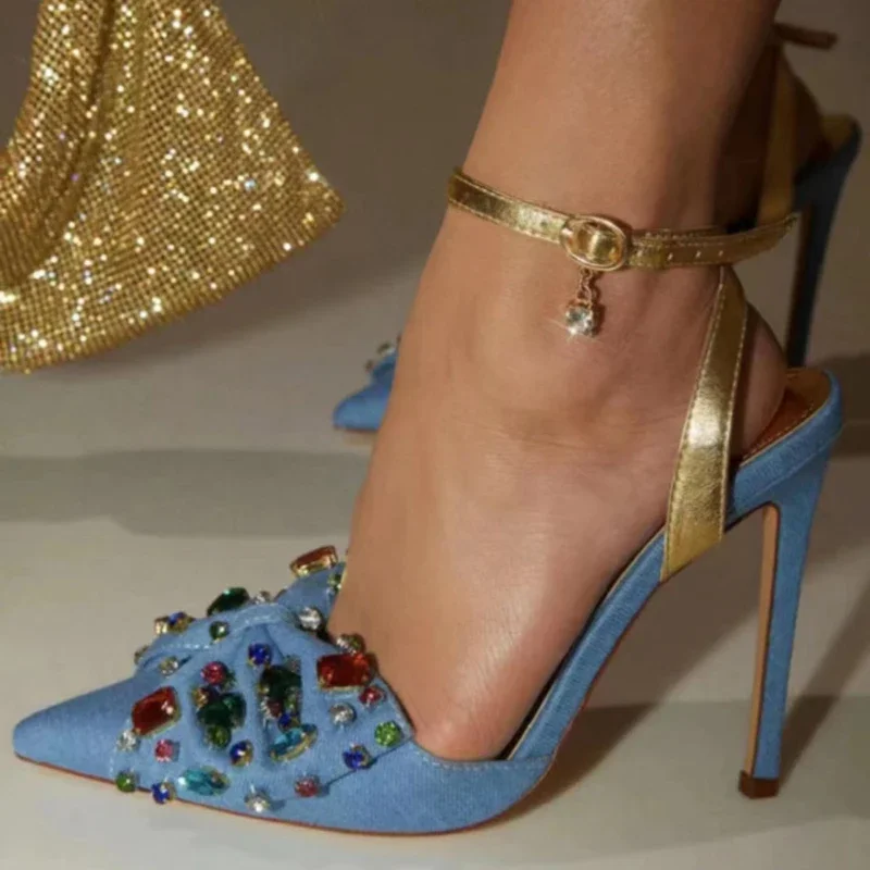 Colorful Diamonds Women Denim Sandals Blue Butterfly Stiletto High Heels Pointy Toe Ankle Straps Jeans Shoes