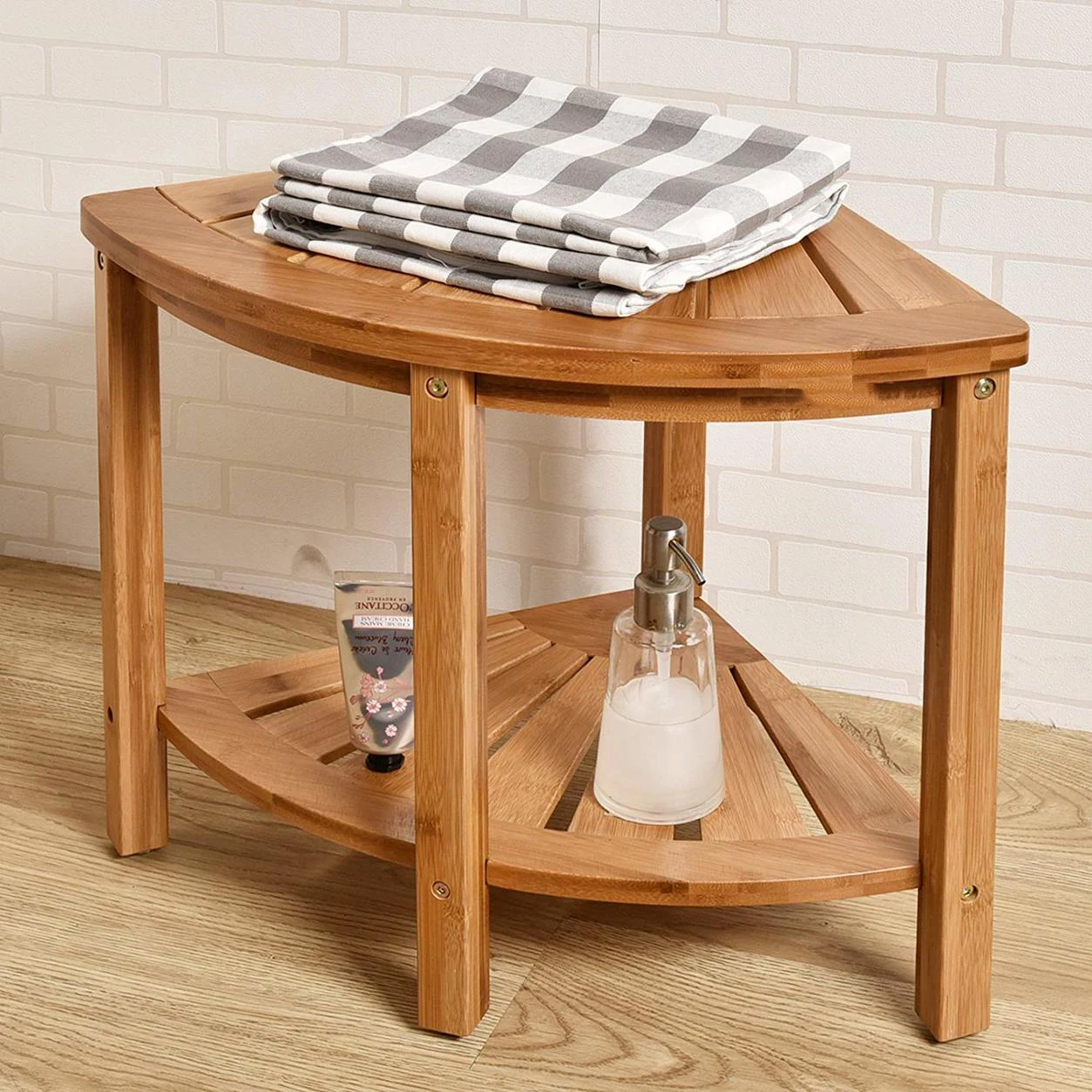 Wood Bath Chair Bathroom Corner Seat with Storage Shelf Spa Bath Organizer Seat Corner Shower Stool Shower Bench