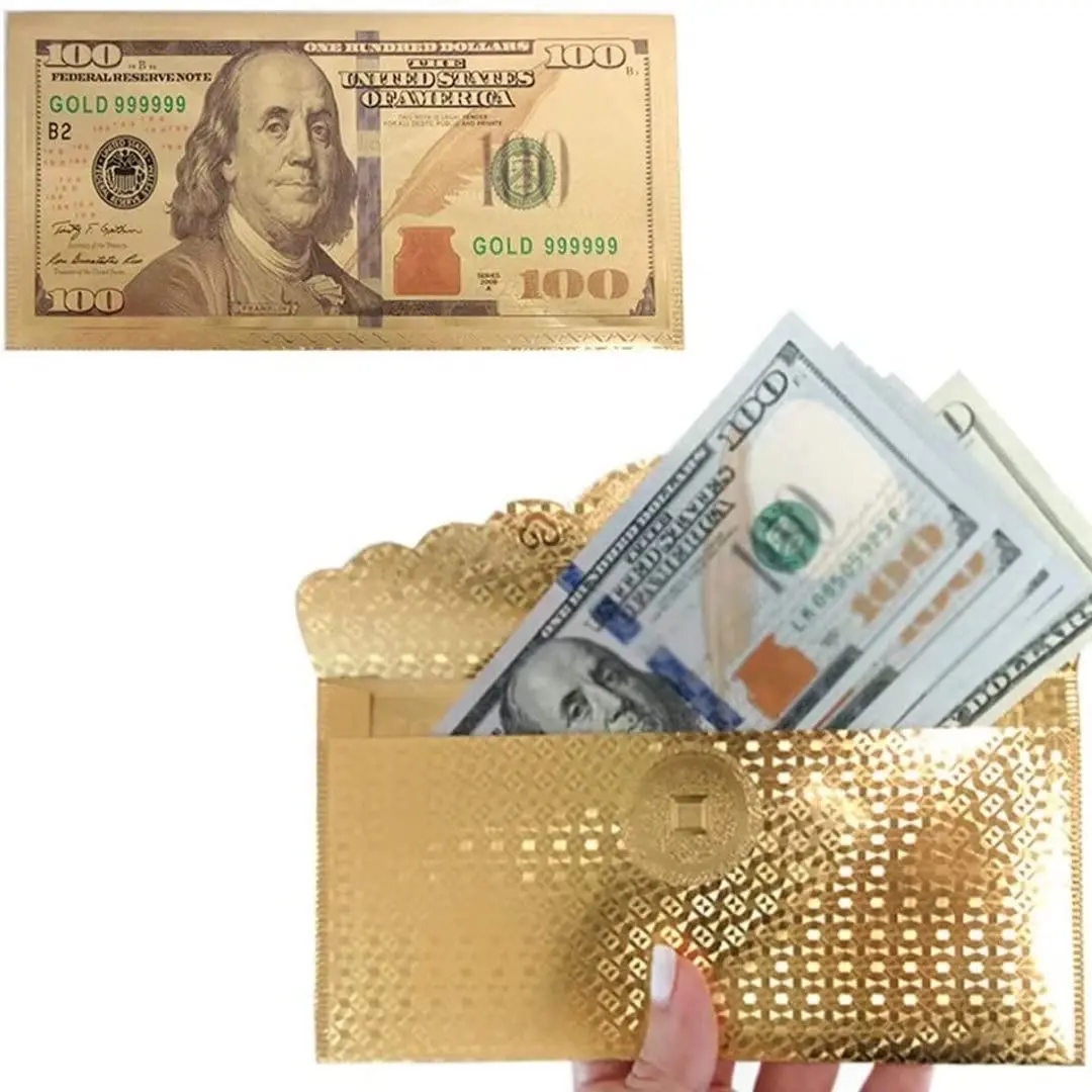 24K Gold Foil Plated 100 Dollar Bill Envelope New Version Money Card Gift Shocking Debut Party Novelties Luxury Banknote