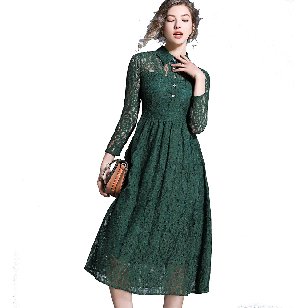 
2 Colors Wholesale Autumn and Winter New Women Fashion Turn Down Collar Button Front Long Sleeve Long Lace Dress 