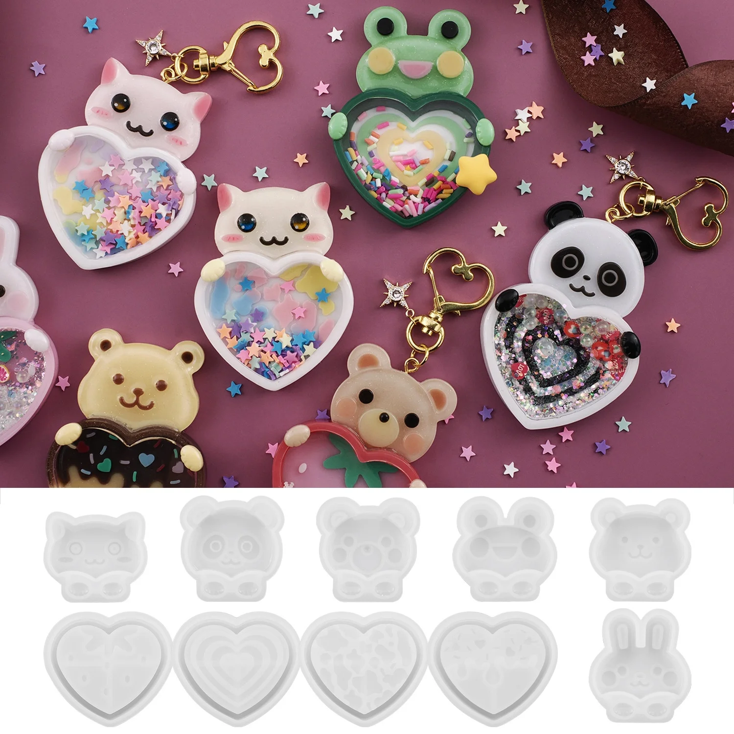 DM852 Animal Cat Rabbit Bear Frog Quicksand Box Epoxy Resin Silicone Mold Love Shaker Bottle Keychain Pendant Jewelry Mould