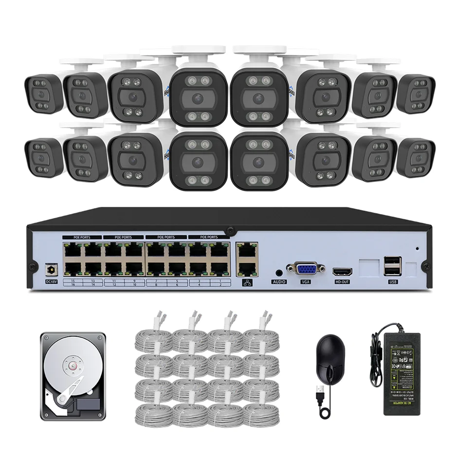 H.265+ 4K 8MP 16 Channel Ai smart Detection Two-way audio P2P Outdoors Network cctv Kit Nvr ip security camera system Poe