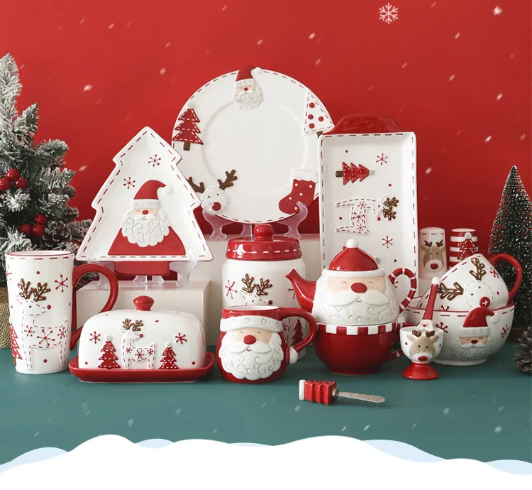Harmony Nordic Stitching Santa Claus Bowls and Plates Tableware Set Christmas cups and saucer