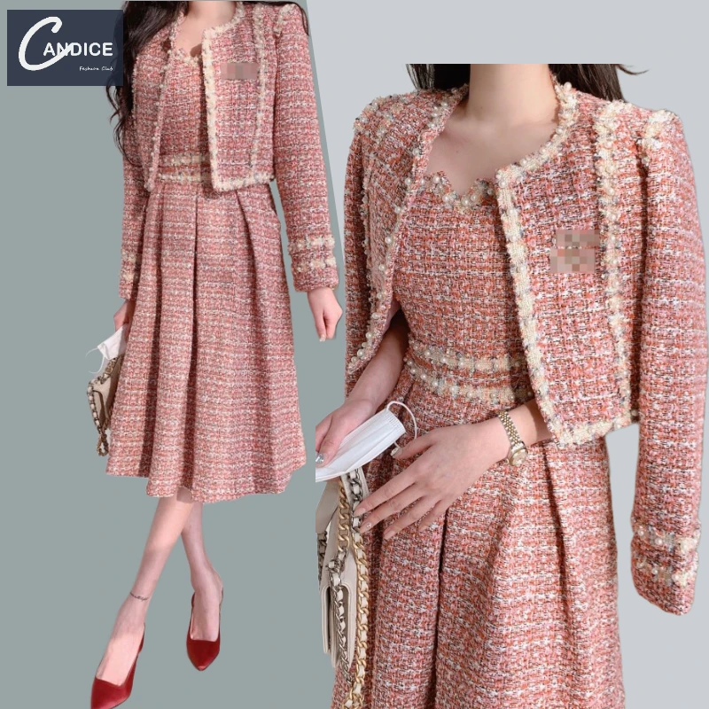 Candice Korean style high quality elegant beaded pearl tweed coat pink long sleeve 2 piece set women dress