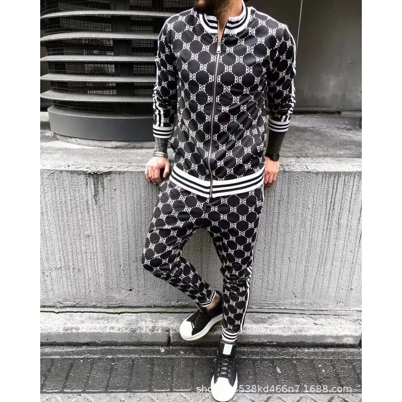 fashion sportswear tracksuit 2 piece zipper jacket and pants set workout gym training clothes for men
