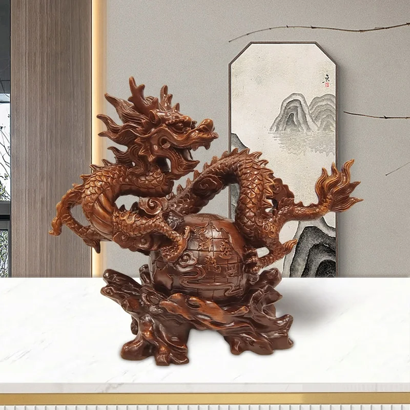 Traditional Chinese Feng shui figurines decorated wood grain color resin dragon statue crafts home decoration sculpture