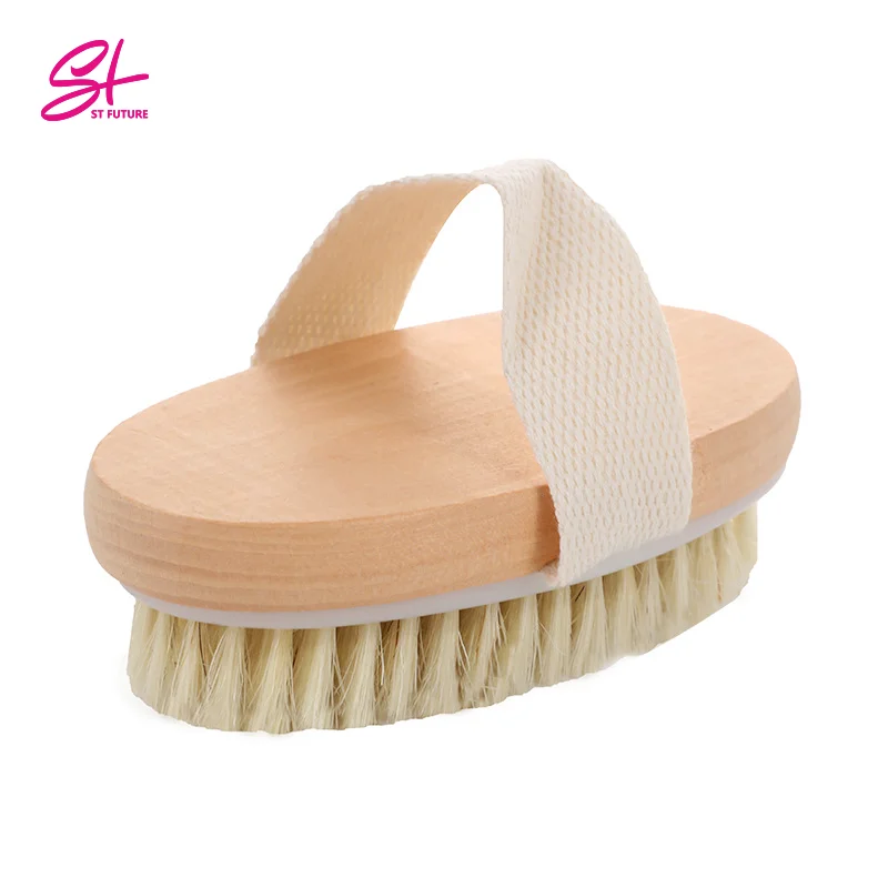 Wholesale Custom Logo Wood Handle Natural Boar Bristle Dry Skin Body Bath Brush With Hand Band