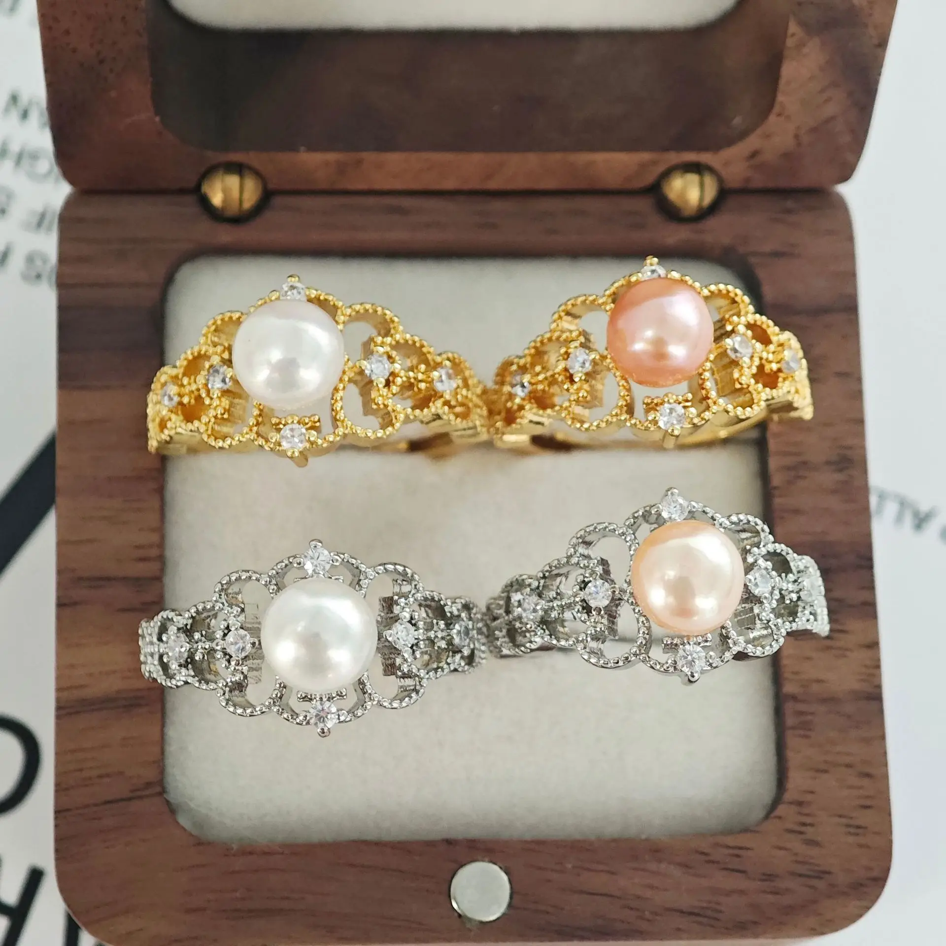 Elegant Design Crystal Star Freshwater Pearl Rings Hollow Lace Flower Real Pearl Ring For Women