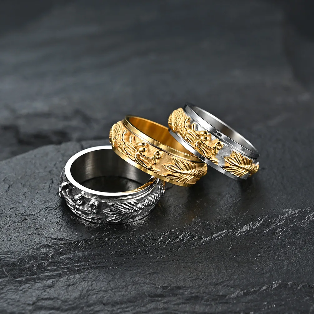 2022 Hot Sale Transferring Gold Plated Stainless Steel Ring Rotatable Decompression Ring Chinese Dragon Fidget Ring for men