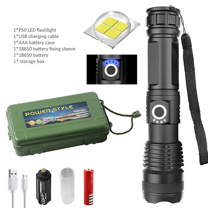 Retractable Flashlight XHP50 Aluminum Alloy Strong Light Flashlight Power Display USB Charging Waterproof Torch High Power