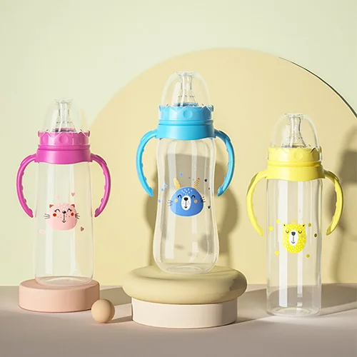 Standard neck 240ml pp silicone anti colic durable baby products hot water milk feeding baby bottle with handle