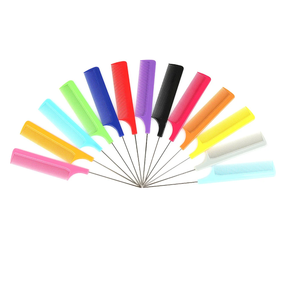 Wholesale Anti Static Plastic Parting Hair Comb Metal Long Pin Salon Rat Tail Comb Colorful Custom Logo Braiding Comb