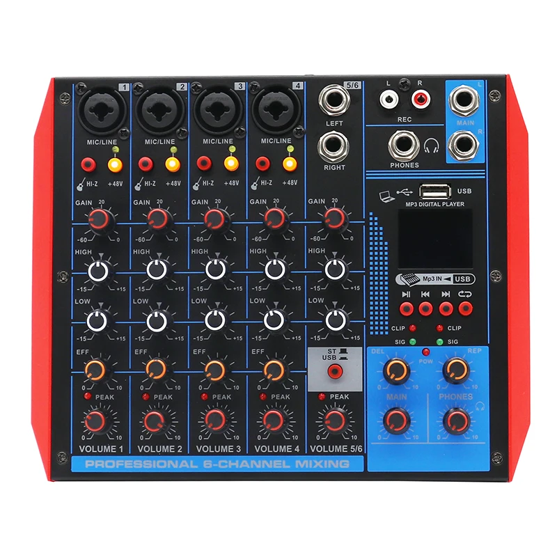 factory +48v /BT/USB/MP3 mini mixer audio 6 ch portable recording  mixer interface for family KTV