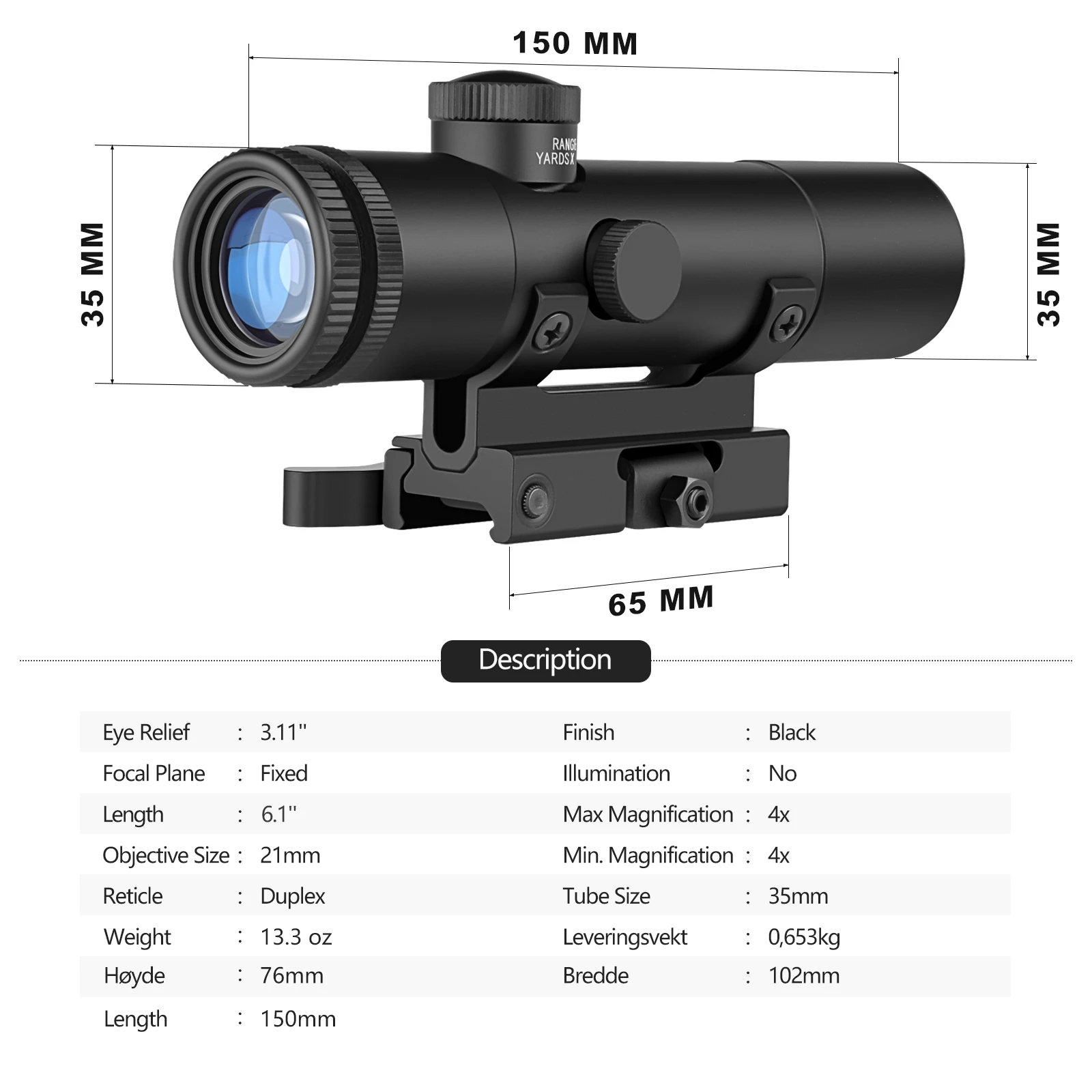4x20 Illuminated Duplex Optics Tactical Scope for Hunting with Quick Release