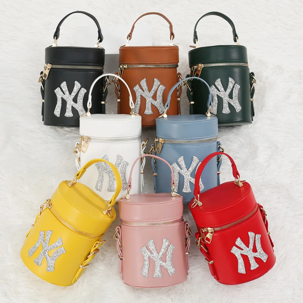 2021 New arrivals NY round bucket bags customize logo bling ladies purses and hat sets