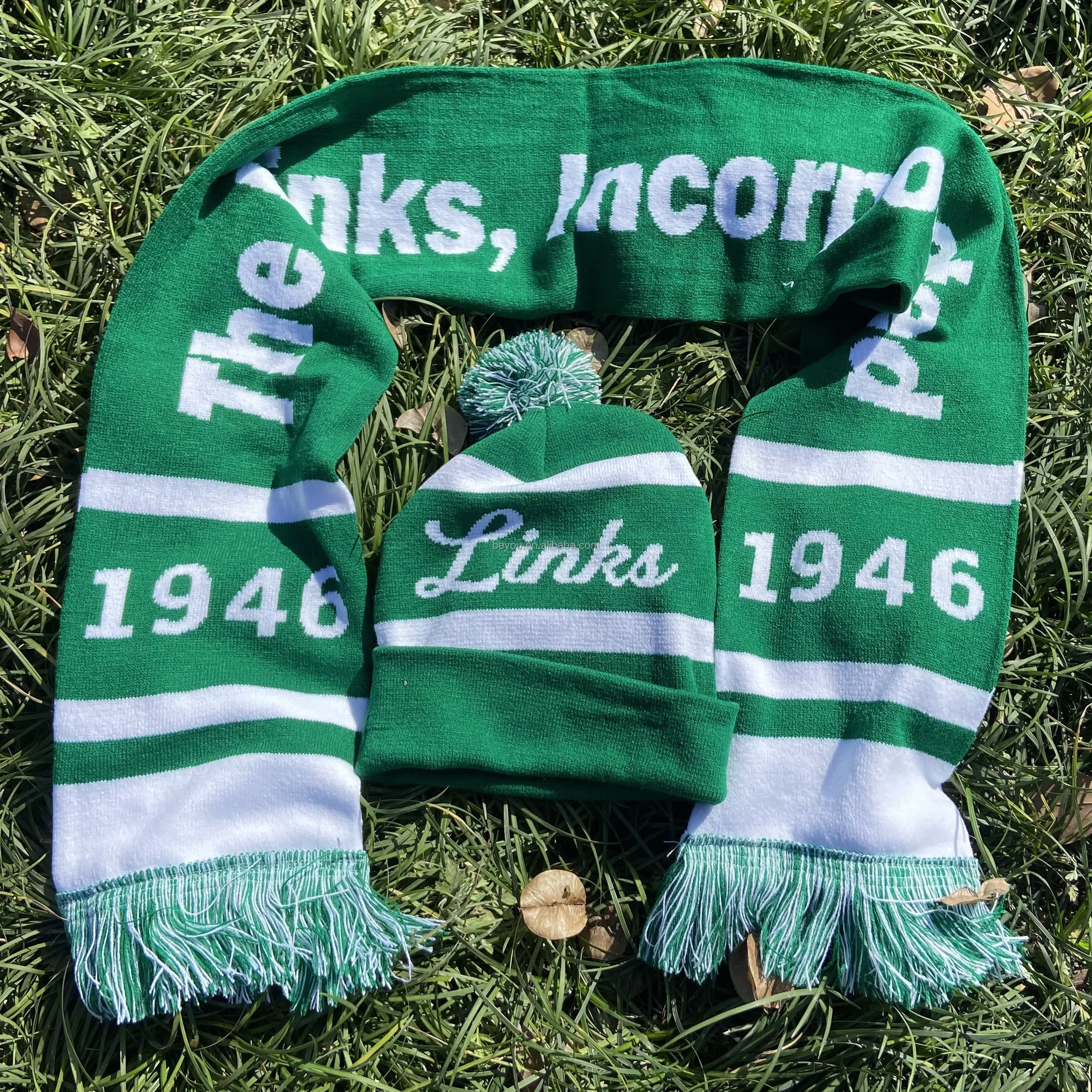 LINKS Sorority Greek Symbol knitting wool Winter Scarves Hat Set Green White The Links Incorporated scarf hat set