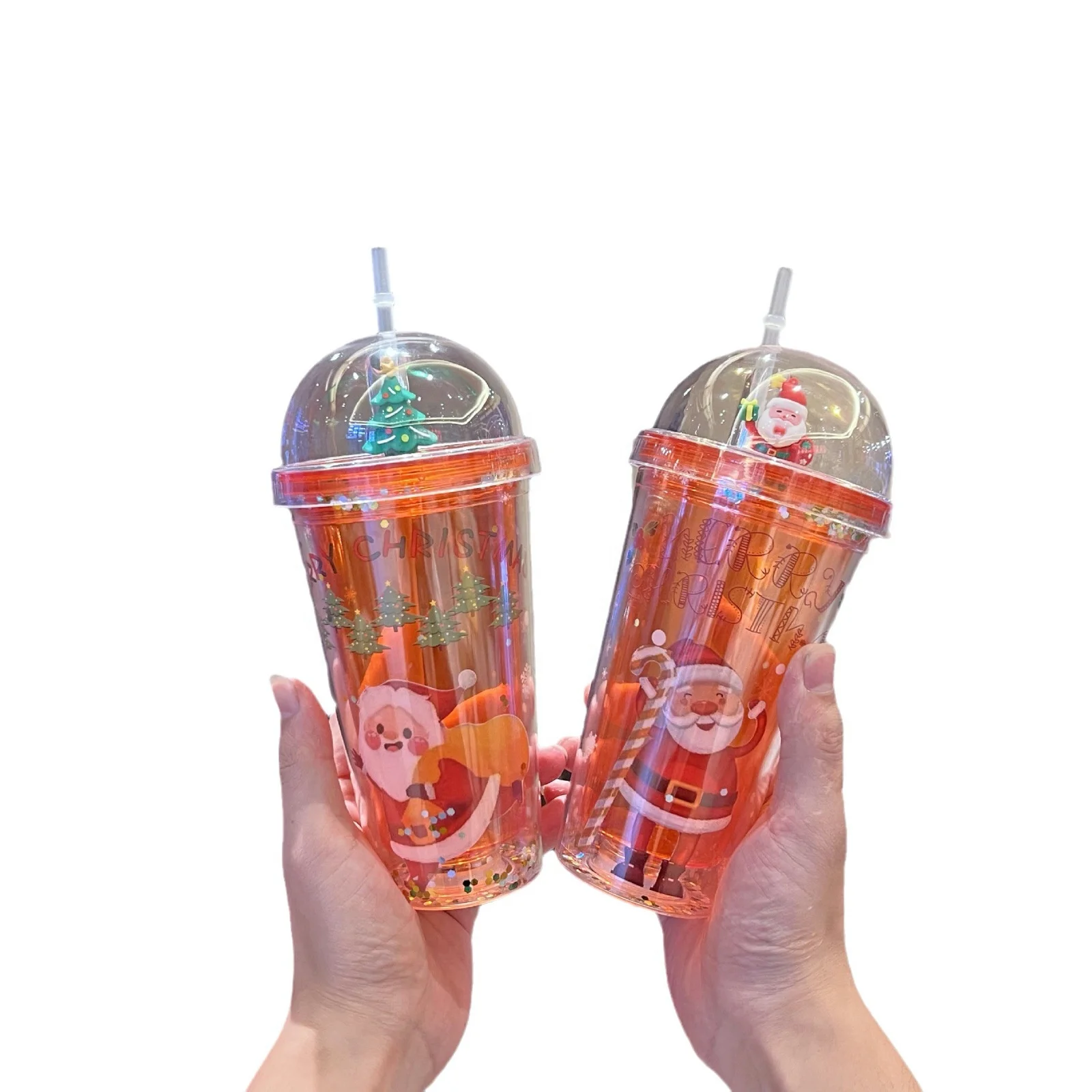 Hot Selling Christmas Gift Cartoon Drinking Tumbler LED Water Bottle Plastic Straw Water Cup with Lid Ice Water Cups for Kids