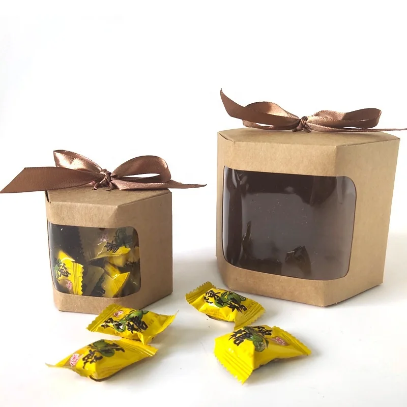 Kraft Packaging With Clear Window Customized Brown Kraft Paper Dessert Box Ribbon Handle Hexagon Polygon Box