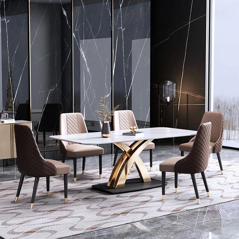 Light luxury rock slab dining table high-end rectangular marble modern minimalist foldable dining table and chair combination