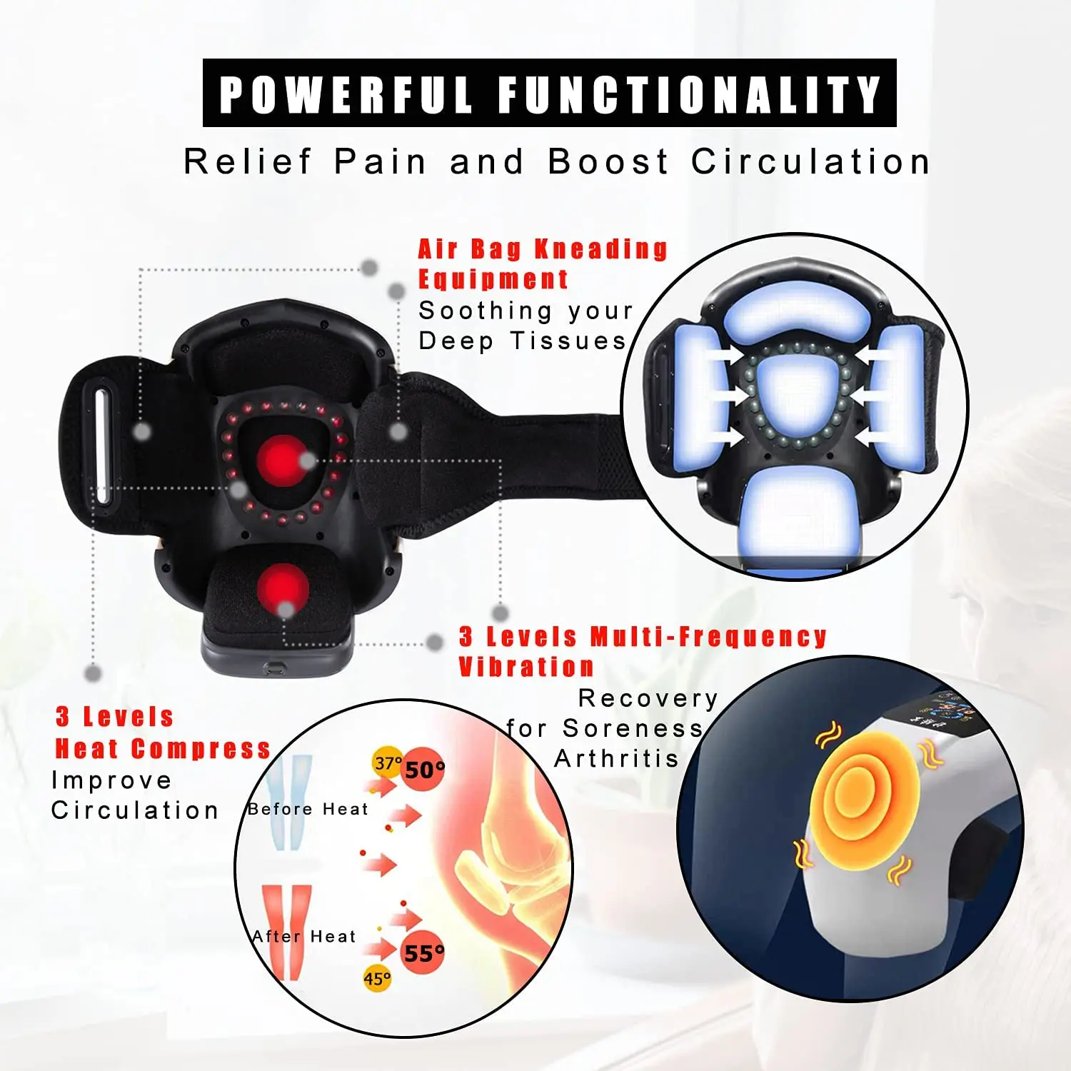 Rechargeable Electronic Smart Vibrating Knee Massager with heating Pain Relief for Swelling Stiff Joints Stretched Ligament