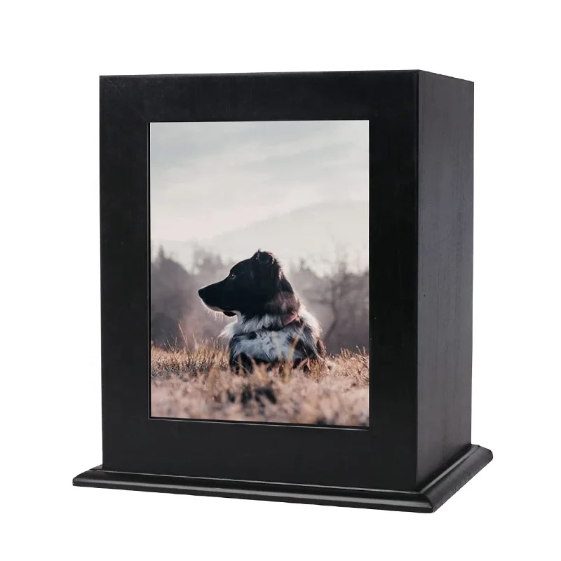 Funerary Caskets Supplies Burly Wood Cremation Urns with Acrylic Glass Photo Protector for Pet Lovers