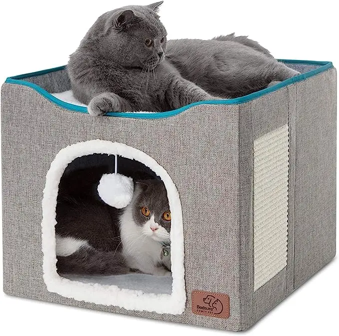 Spot Wholesale Hot Selling Foldable Hideaway Cat Beds Large Cat Cave for Pet House with Fluffy Ball Hanging and Scratch Pad