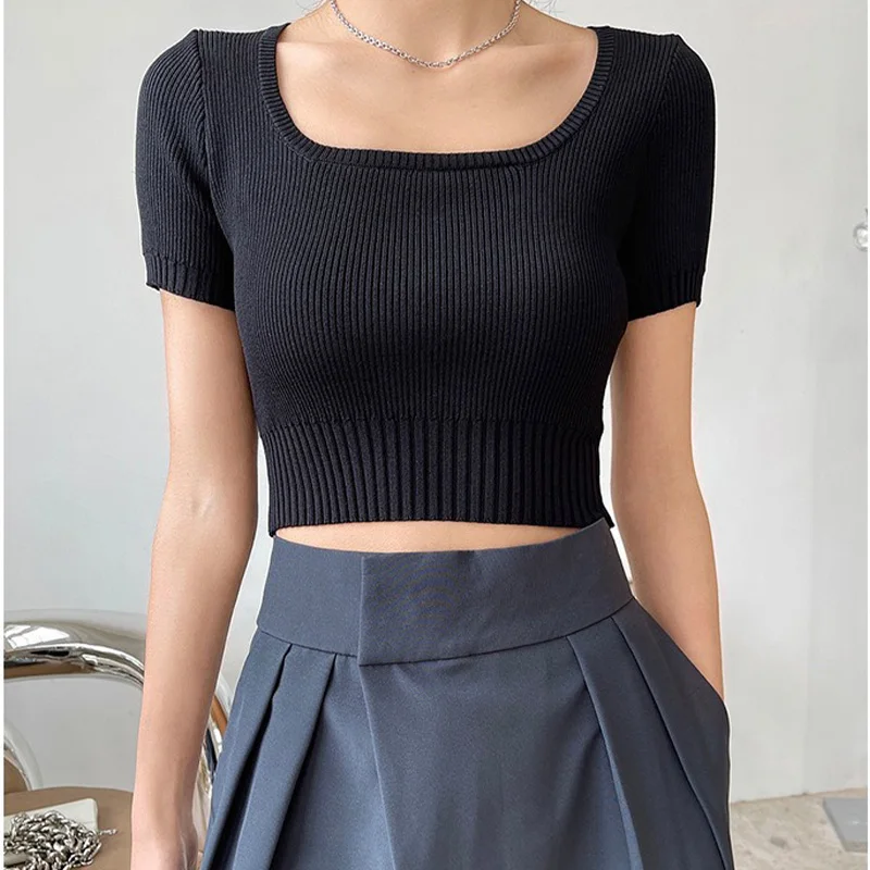 
New Fashionable Square Collar Short Crop Midriff T-Shirt In Summer Shows Thin Short Sleeves Knit Blouse Women 