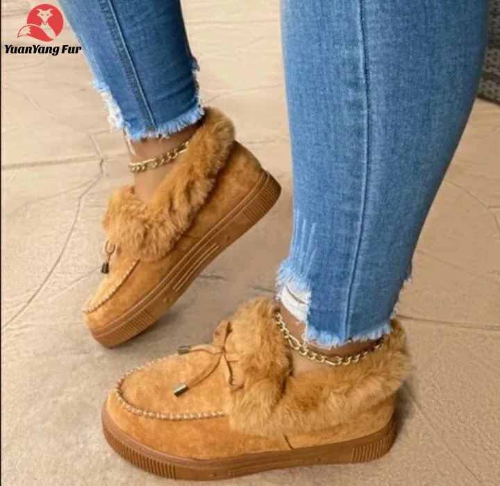 Разноцветный мягкая теплая зимняя женская обувь для девочек Меховые Туфли на толстой плоской подошве зимние сапоги на овечьем меху; Обувь для женщин