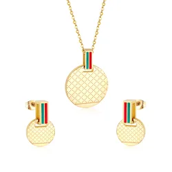 Hot Sale Luxury Stainless Steel Jewelry Gold Plated Round Pendant Necklace Earrings Jewelry Set for Women