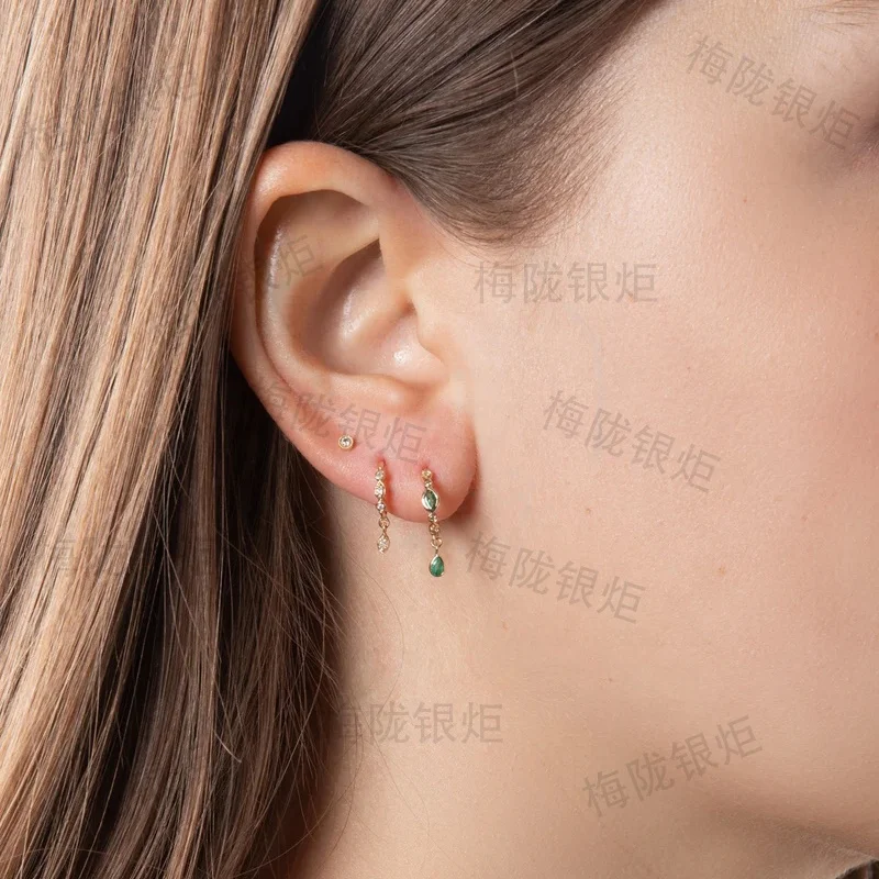 YINJU 925 Sterling Silver Dainty Classic Emerald Marquise Colored Sapphire Drop Open Hoop Earring