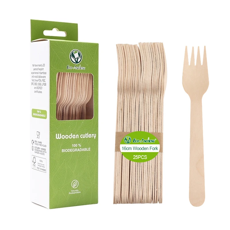 Premium 160mm Customized Wooden Cutlery Biodegradable Eco-Friendly Disposable Forks Spoons Knives 100pcs Pack