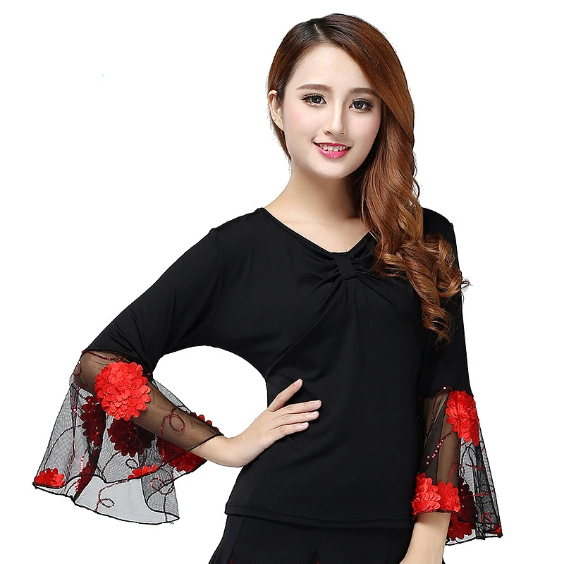 Oversized L-5XL  modern Barllroom dance Practice V-neck long sleeved Blouses top