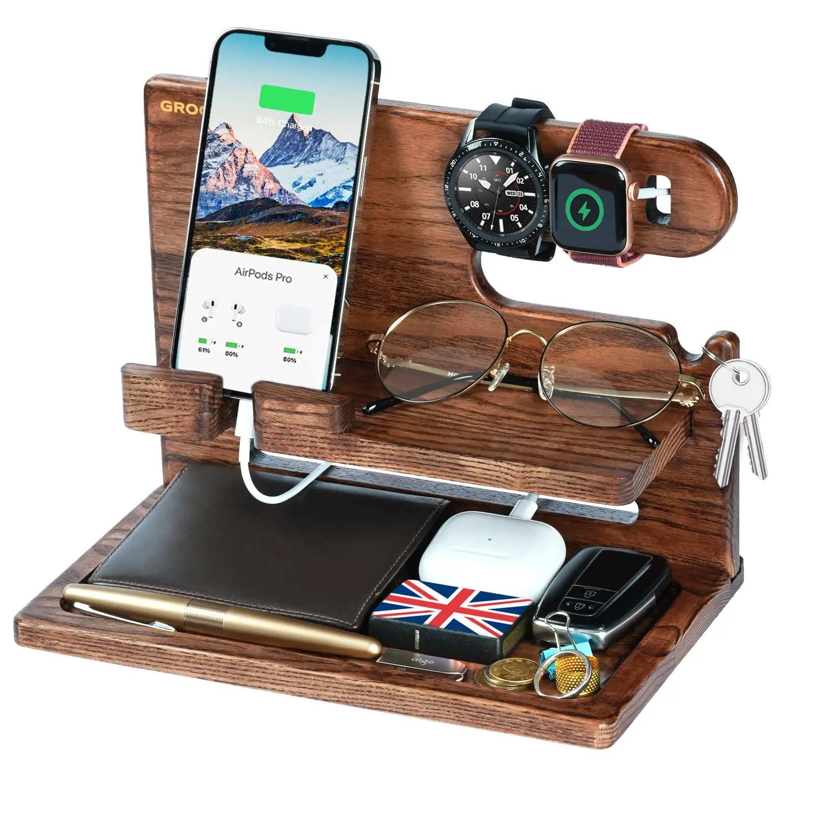 Walnut Phone Docking Station - Handmade Nightstand Organizer, Desk Organizer - Birthday, Anniversary, Christmas Gifts