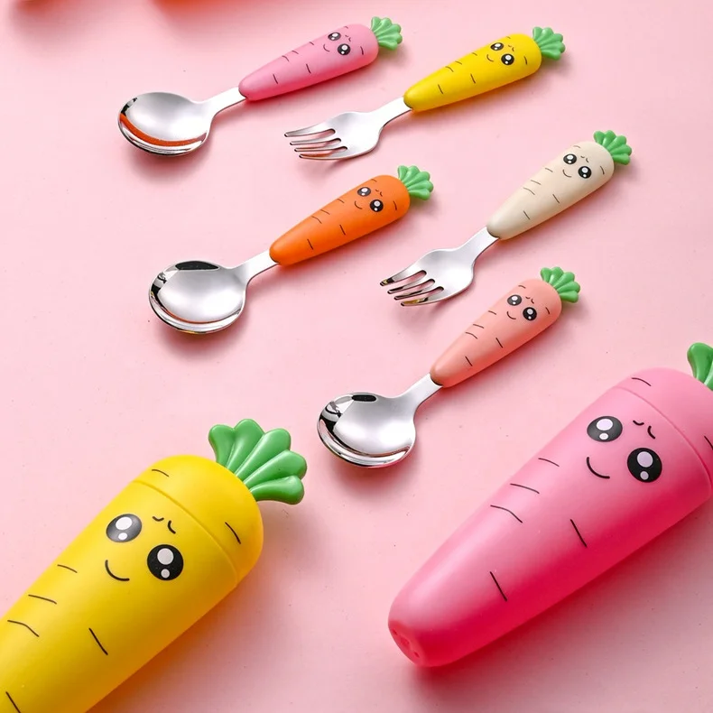Food Grade PP Infant Feeding Tableware Cartoon Design Cutlery Stainless Steel Spoon And Fork Set
