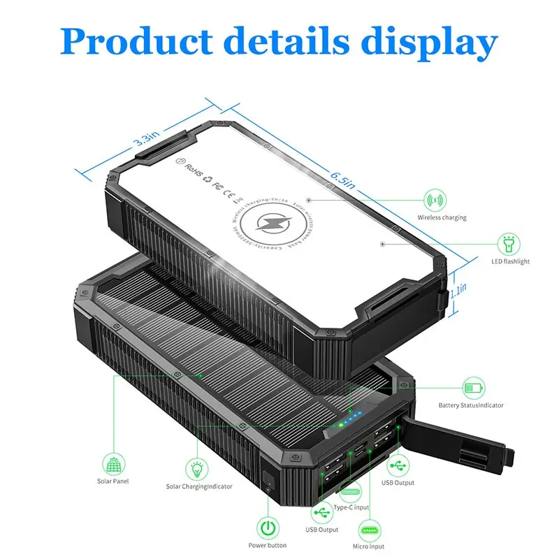  PSOOO 4 USB Выход Микро Тип C двойной вход большой емкости Водонепроницаемый Открытый Портативный 36800mah Солнечная система внешний