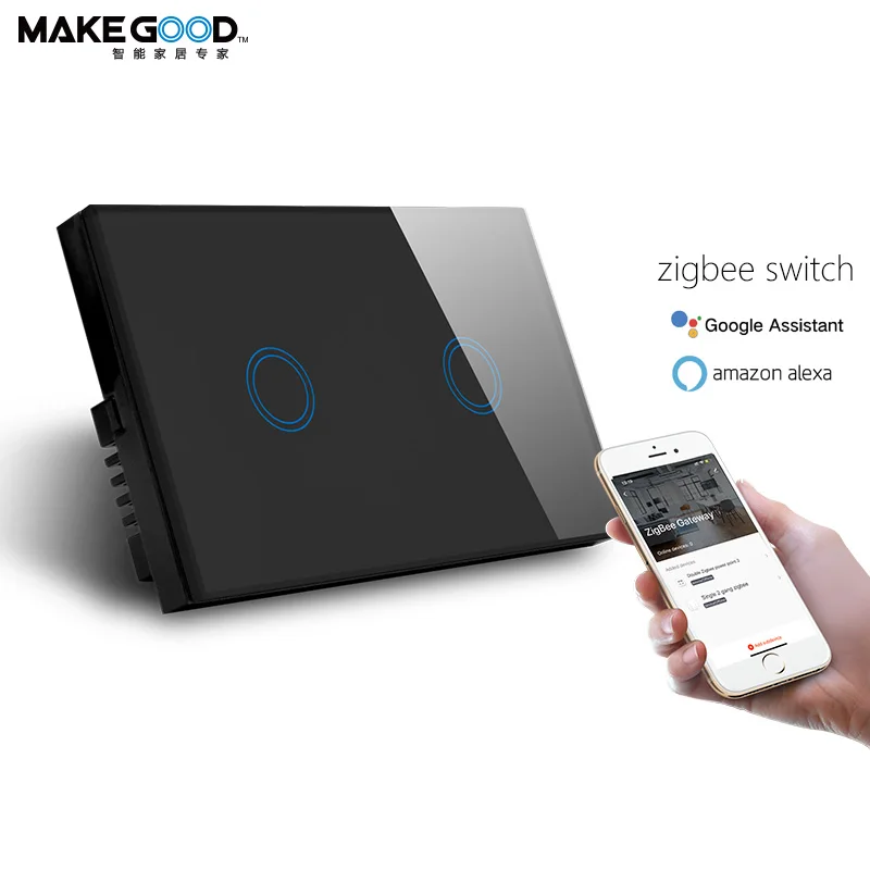 AU Standard Voice Control Touch Glass Panel 2Gang Smart Wall Zigbee Switch Compatible Alexa and Google Home Zigbee 3.0 Version